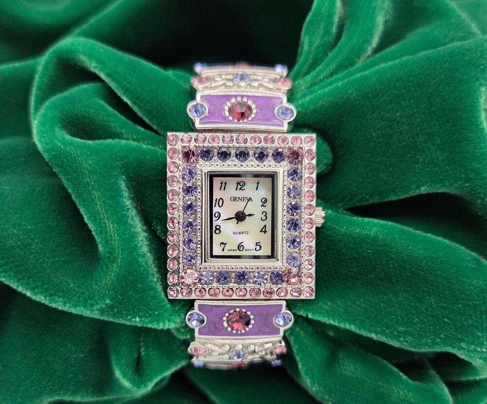 Vintage Geneva Rhinestone Watch Purple Enamel Silver Stretch Cuff WORKING